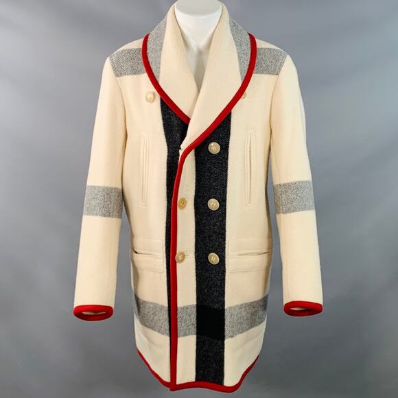 Vintage Size 40 Cream Red Plaid Wool Mohair Double Breasted Shawl Lapel Coat - Picture 1 of 8